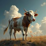 Cow with a chain on her neck standing on a field