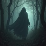 A shadow of a person with a cloak facing backwards in a dark forrest at night