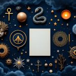 Dream symbols from ancient Egypt, Hindu, Japanese, and Aboriginal traditions arranged around an open dream journal, showing cross-cultural dream interpretation.