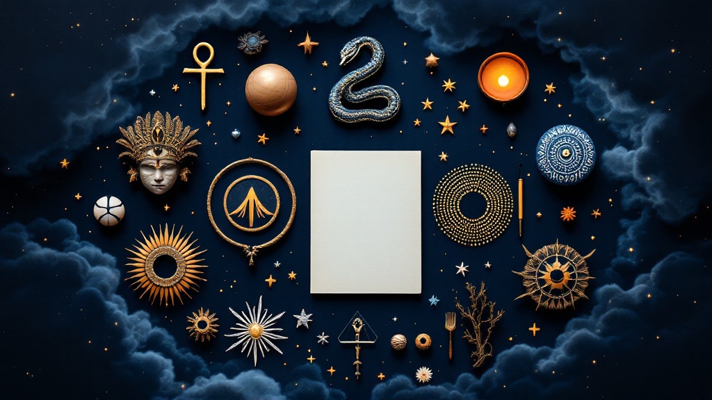 Dream symbols from ancient Egypt, Hindu, Japanese, and Aboriginal traditions arranged around an open dream journal, showing cross-cultural dream interpretation.