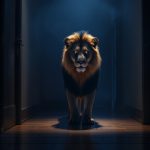 A hungry lion standing inside a house hallway, facing forward with an alert posture, symbolizing the dream of a lion in your house being hungry.