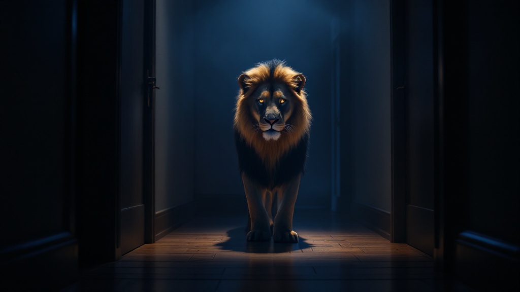 A hungry lion standing inside a house hallway, facing forward with an alert posture, symbolizing the dream of a lion in your house being hungry.