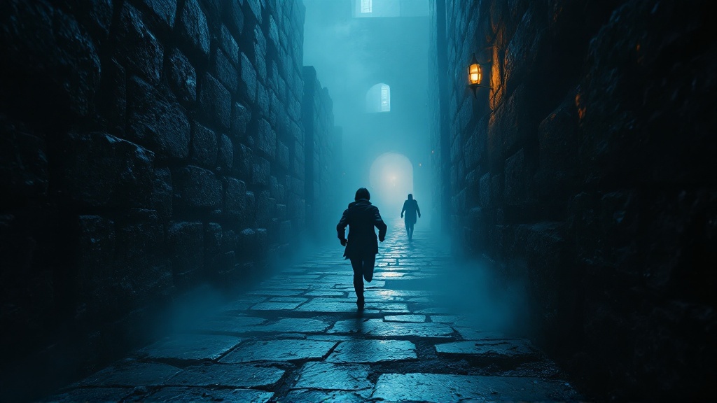 Person running through a winding stone labyrinth corridor with no visible exit, illustrating a dream of being chased in a labyrinth