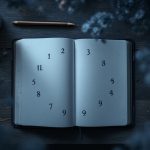 Open dream journal with numbers 1 to 9 written in a circle, representing number symbolism in dreams, on a wooden desk.
