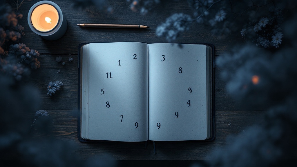 Open dream journal with numbers 1 to 9 written in a circle, representing number symbolism in dreams, on a wooden desk.