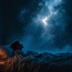 Person waking from a recurring nightmare in a dark bedroom, sitting upright with a dream journal on the nightstand