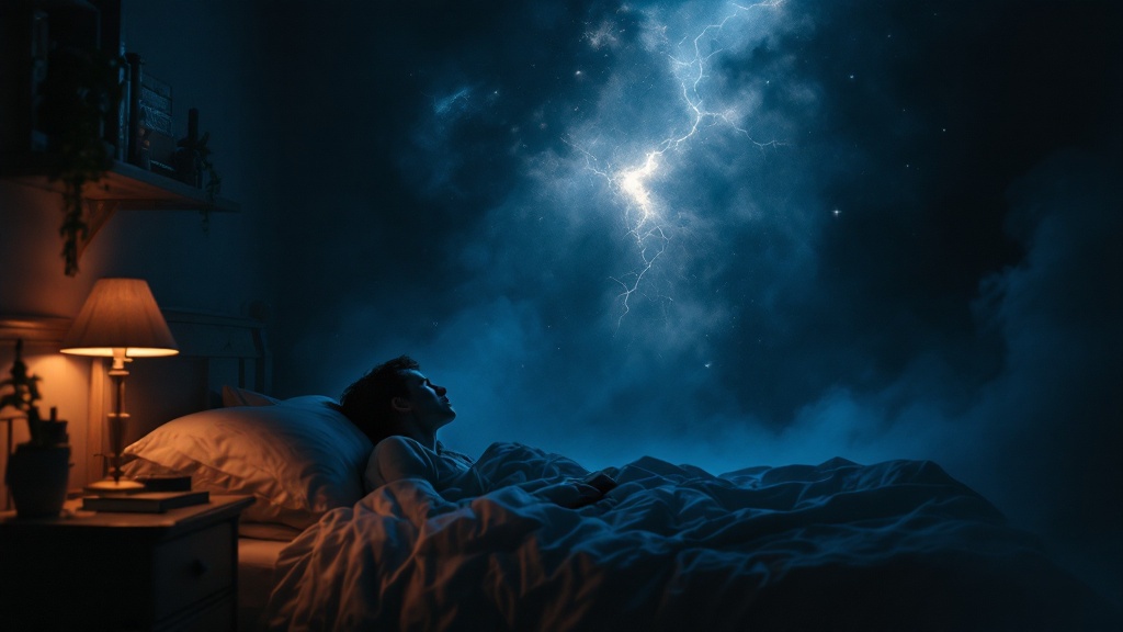 Person waking from a recurring nightmare in a dark bedroom, sitting upright with a dream journal on the nightstand