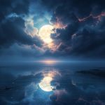 Split scene showing calm moonlit water on one side and a dark rainstorm on the other, symbolizing water and weather dream meanings