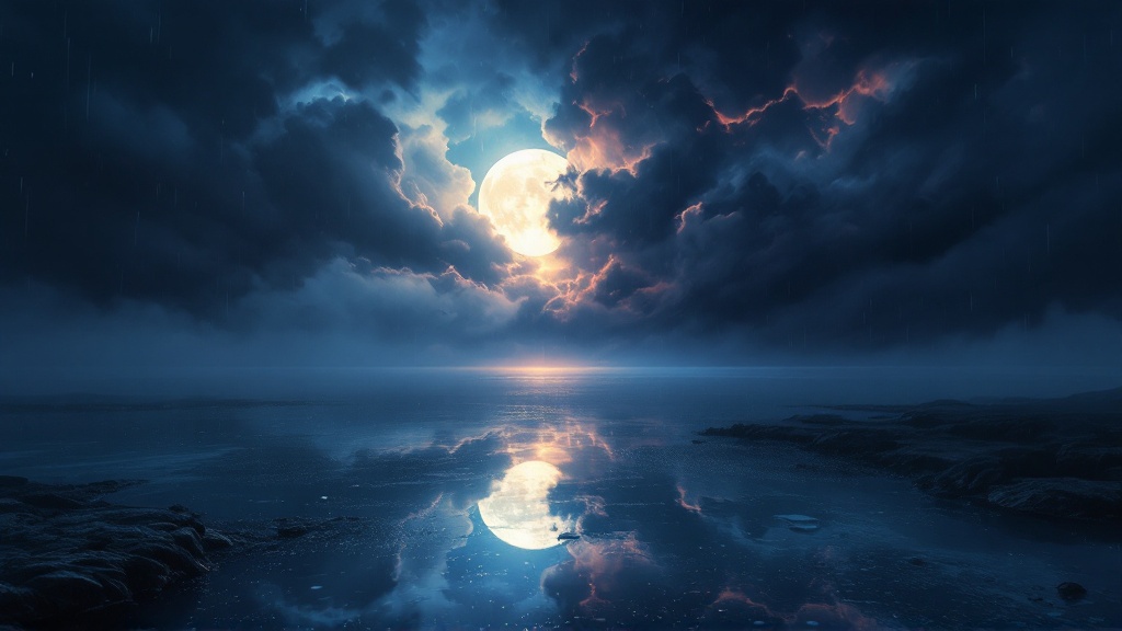 Split scene showing calm moonlit water on one side and a dark rainstorm on the other, symbolizing water and weather dream meanings