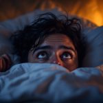 Person waking up in bed at night after a falling dream, looking startled but calm in soft lamplight