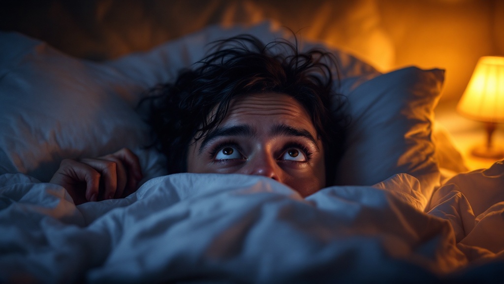 Person waking up in bed at night after a falling dream, looking startled but calm in soft lamplight