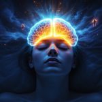 Sleeping person with a glowing brain diagram showing active amygdala and hippocampus regions during REM sleep dreaming