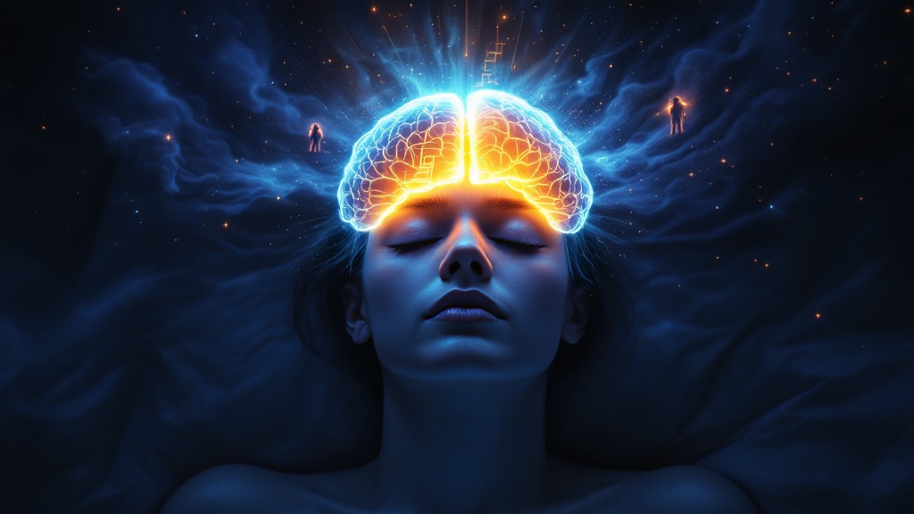 Sleeping person with a glowing brain diagram showing active amygdala and hippocampus regions during REM sleep dreaming