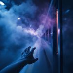 A hand reaching for the door of a moving train on a platform, symbolizing urgency and timing in a catching a train dream.