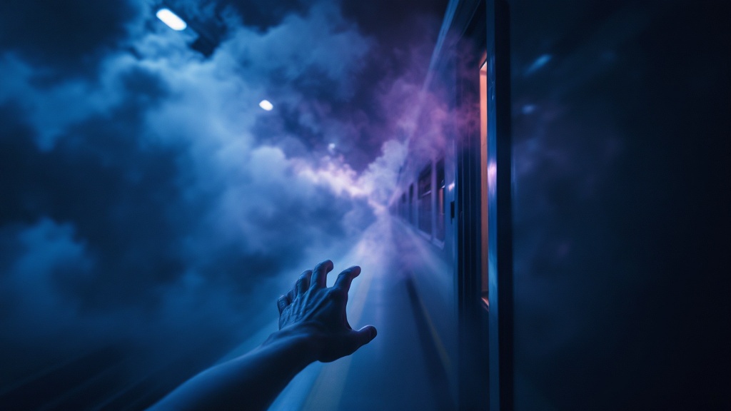 A hand reaching for the door of a moving train on a platform, symbolizing urgency and timing in a catching a train dream.