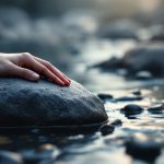 Hand resting on a large boulder next to smooth stones in a flowing stream, illustrating a dream about rocks