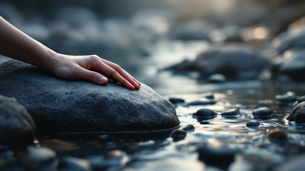 Hand resting on a large boulder next to smooth stones in a flowing stream, illustrating a dream about rocks