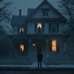 Dreaming of an old house: a person outside a weathered house with a faint figure in an upstairs window and a glowing attic light.