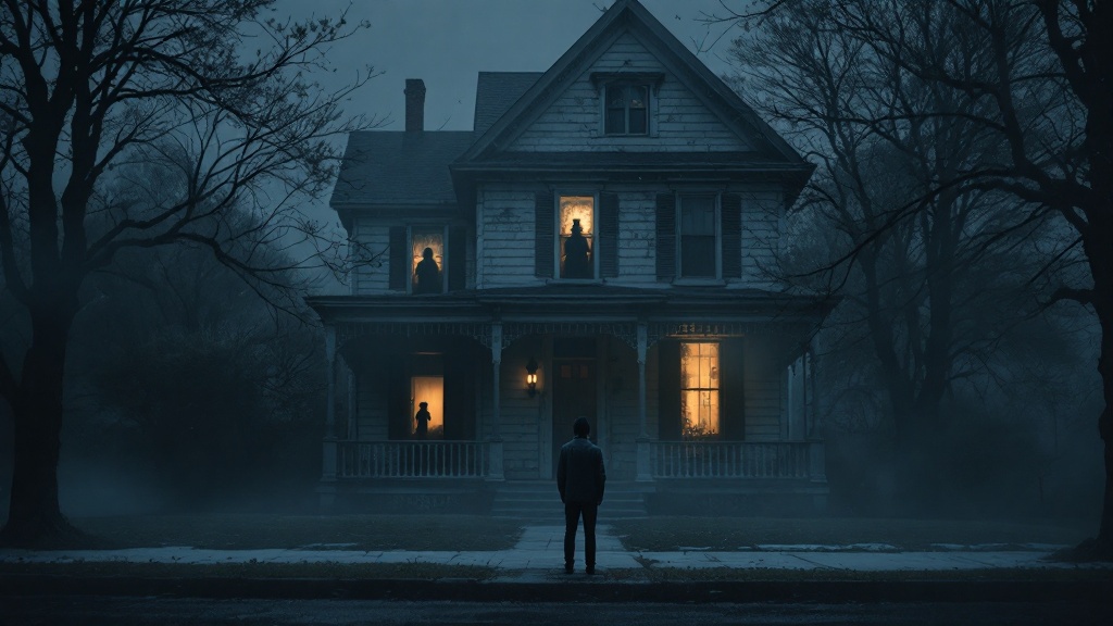 Dreaming of an old house: a person outside a weathered house with a faint figure in an upstairs window and a glowing attic light.