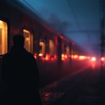 Solo passenger waiting on a dimly lit train platform at dusk as an approaching train pulls in, symbolizing life direction and transition.
