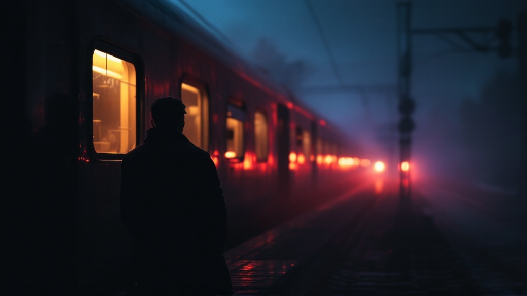 Solo passenger waiting on a dimly lit train platform at dusk as an approaching train pulls in, symbolizing life direction and transition.