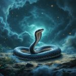Illustrated guide showing snake dream meanings by color and behavior, featuring black, white, green, and red snakes in symbolic poses.