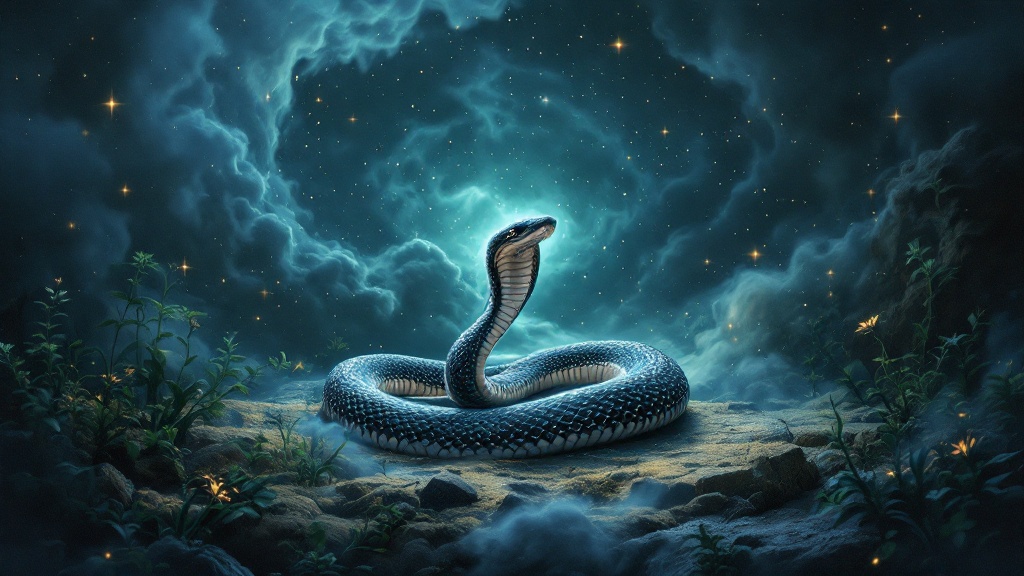 Illustrated guide showing snake dream meanings by color and behavior, featuring black, white, green, and red snakes in symbolic poses.