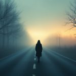 A person walks down a long empty road fading into dawn mist, a classic walking in dreams scene.
