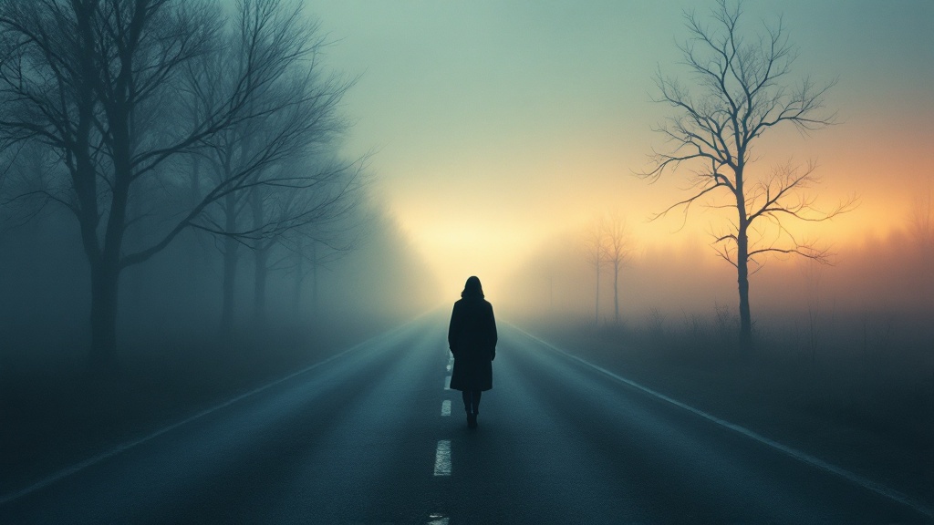 A person walks down a long empty road fading into dawn mist, a classic walking in dreams scene.