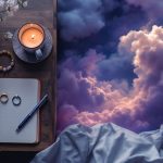 Gold ring, silver necklace, bracelet and earrings on a bedside table beside a dream journal, representing a dream about jewelry