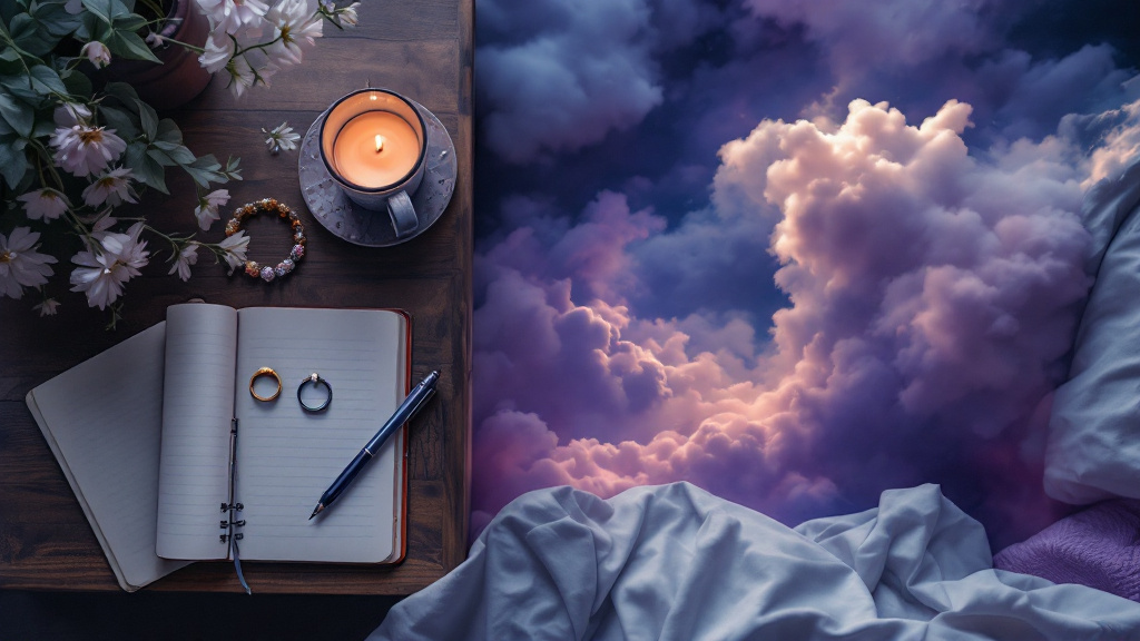 Gold ring, silver necklace, bracelet and earrings on a bedside table beside a dream journal, representing a dream about jewelry
